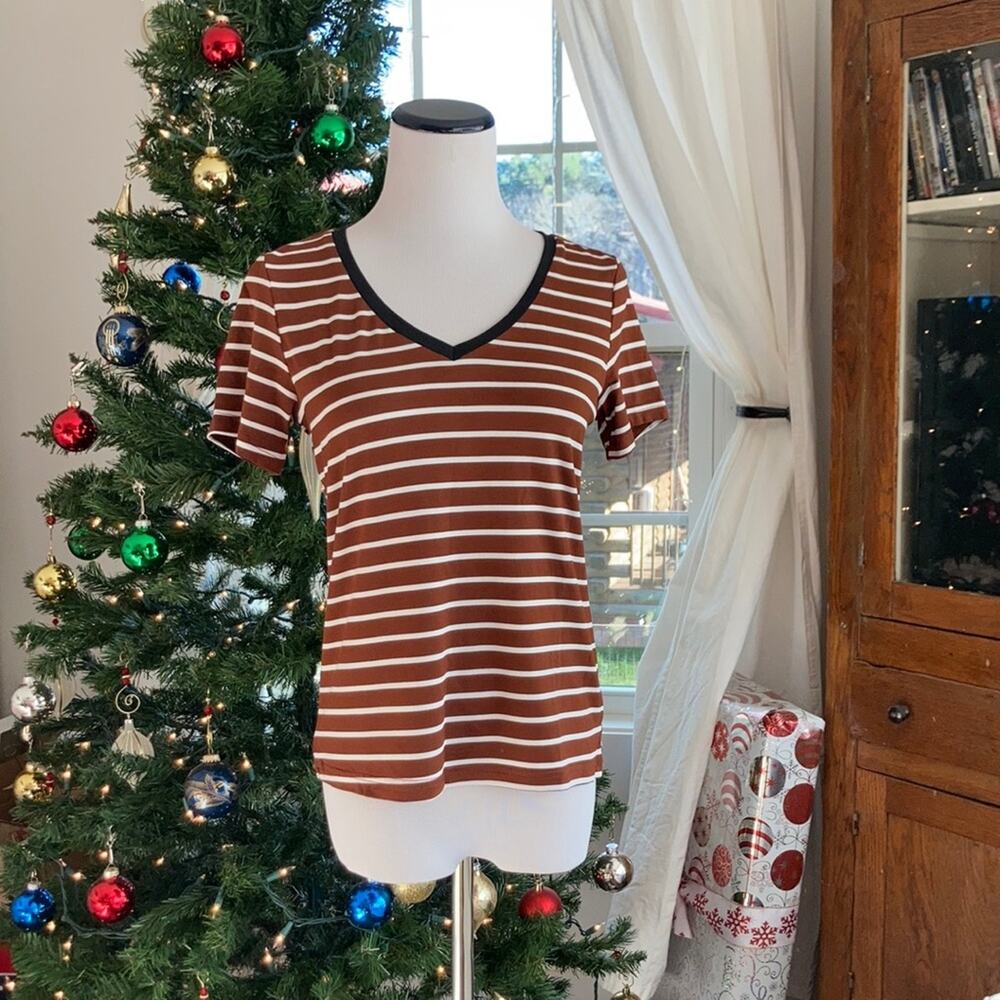Shein Brown & White Striped V-Neck T-shirt, Size XS